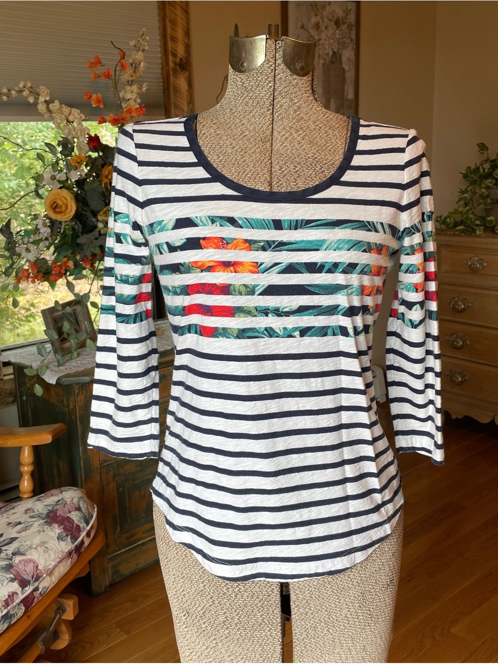 Tommy Bahama Striped Navy and White Floral-Panel top